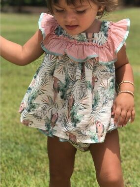 From Spain/ Martin Aranda Pink Ruffle Tropical Parrot Bib with Mint Trim